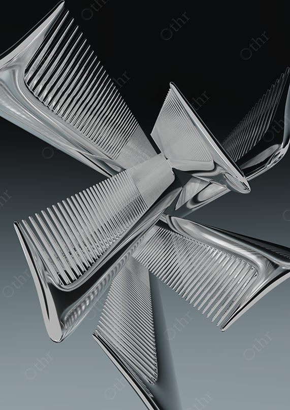 Close-Up of Chrome Hair Combs in Radial Abstract Arrangement Against Dark Gradient Background – Still Life