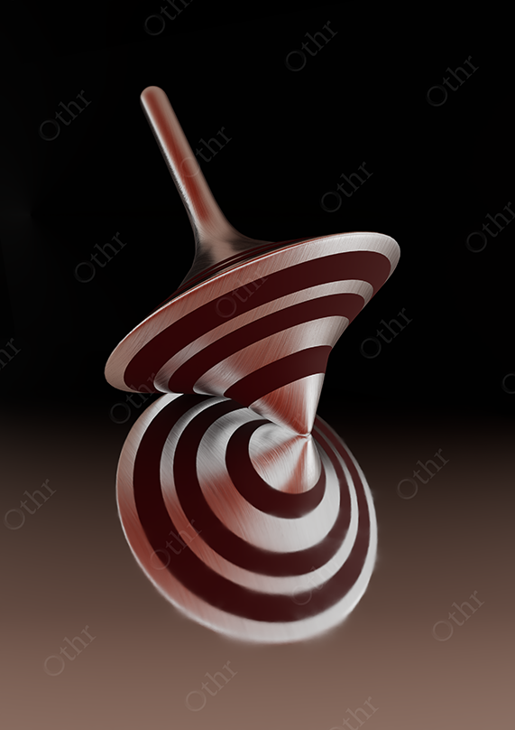 Spinning Top With Red and White Spiral Stripes Reflected on Dark Gradient Background – Still Life