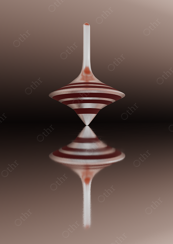 Red and White Striped Spinning Top Balanced on Reflective Surface Against Soft Gradient Background – Still Life
