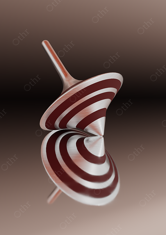 Tilted Red and White Spiral Spinning Top Reflected on Glossy Surface Against Warm Gradient Background – Still Life