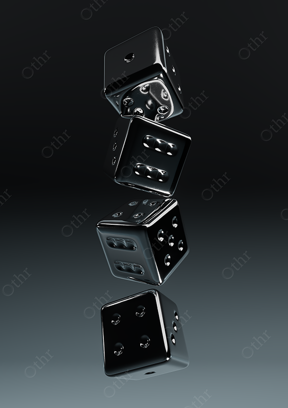 Stack of Black Chrome Dice Floating in Vertical Alignment Against Dark Gradient Background – Still Life