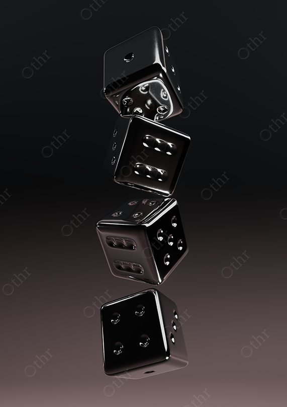 Four Black Chrome Dice Floating in Vertical Stack Against Dark to Warm Gradient Background – Still Life