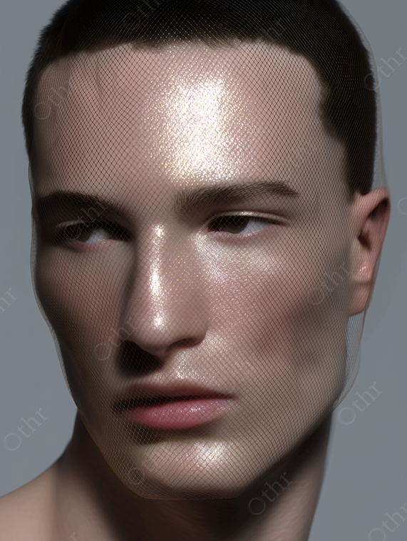 Studio Portrait of Person with a Mesh Face Covering and Airbrushed Skin