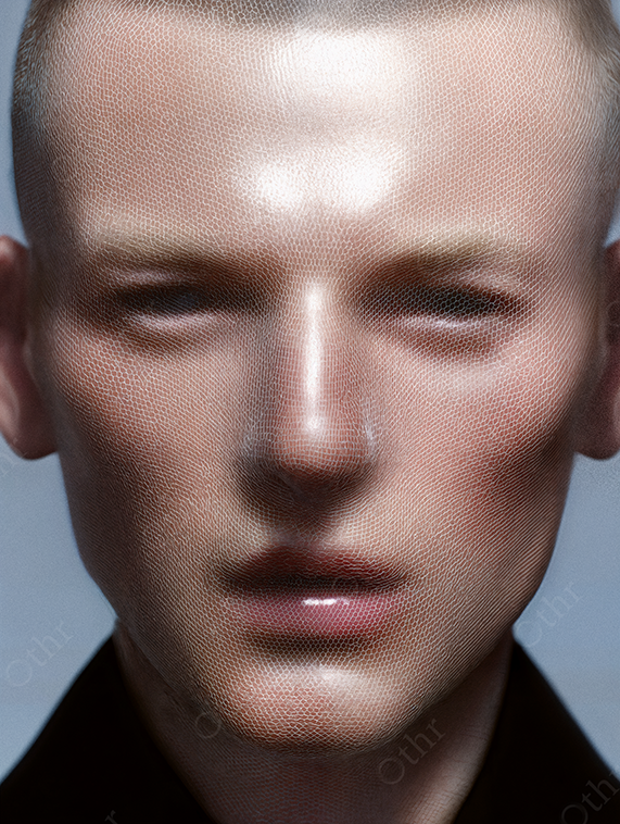 Studio Portrait of Person with a Mesh Face Covering and Airbrushed Skin