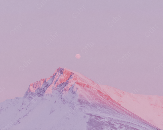 Moonrise over snow covered mountain ridge bathed in soft pink twilight hues.