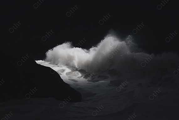 Black and white ocean wave crashing into a rock with white spray and black sky.