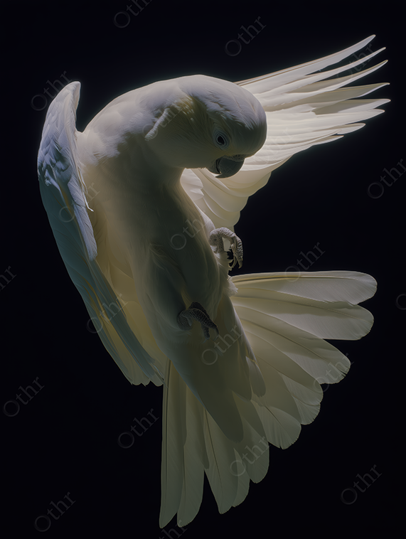 White cockatoo bird in flight on black background.