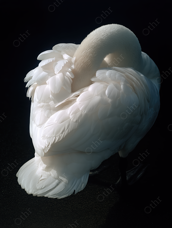 White swan grooming on black background.