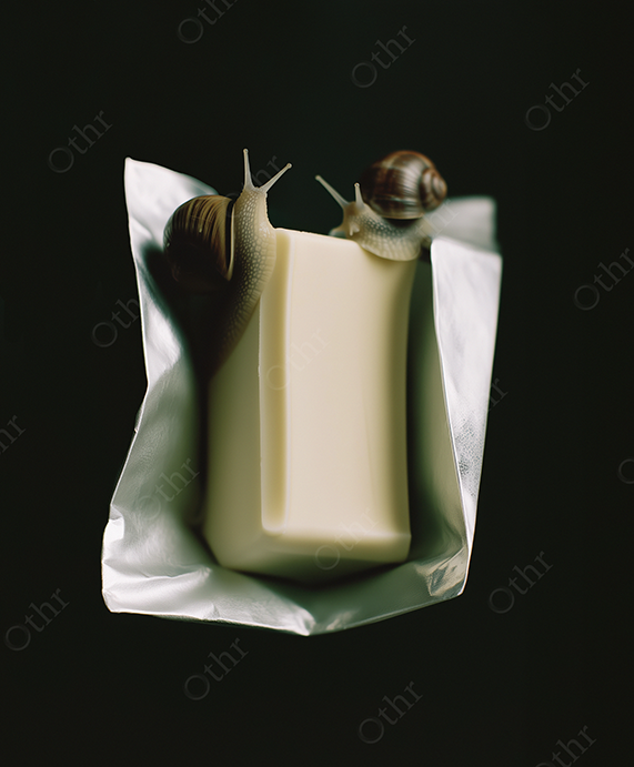 Two snails on unwrapped butter block on a black background.