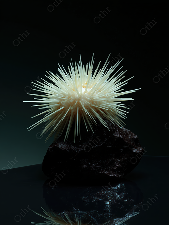 White sea urchin on volcanic rock against dark backdrop.