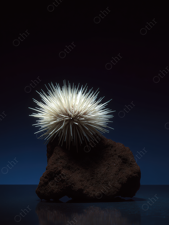 White sea urchin on volcanic rock against dark blue backdrop.