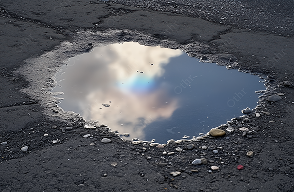 Clouds and rainbow reflection in puddle on asphalt road.