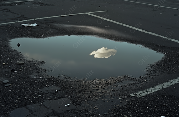 Clouds reflection in puddle on asphalt car park surface.