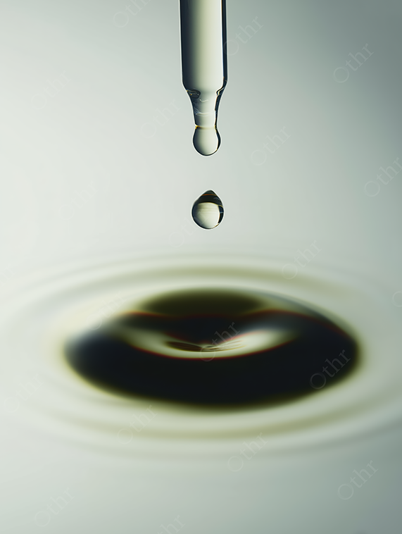 Droplet falling from pipette into liquid surface, creating ripple.