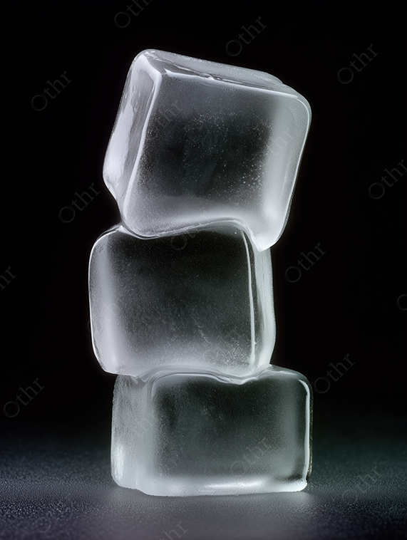 Three stacked ice cubes on black surface with studio lighting.