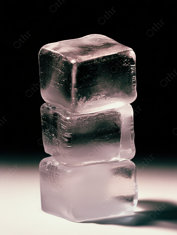 Three pink ice cubes stacked on a black surface with studio lighting.