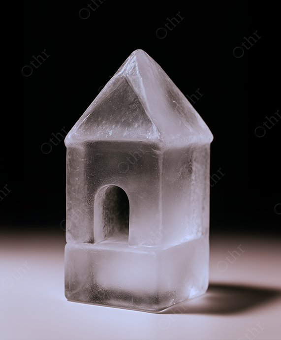 Ice sculpture of a small house with arched doorway on studio background.