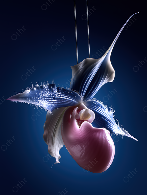 Futuristic orchid with luminous petals hanging by threads.