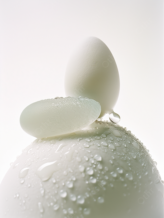 Still life composition of an egg and frosted glass rock covered I water droplets. 