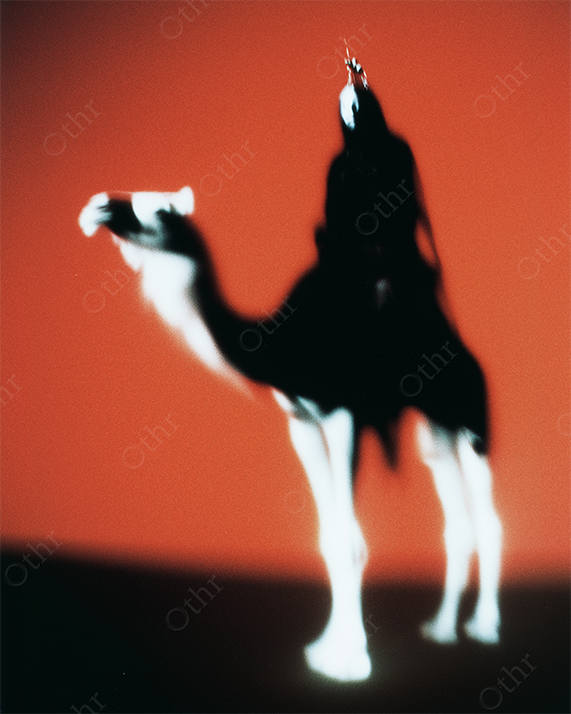 Camel-mounted rider silhouette in surreal red tones.