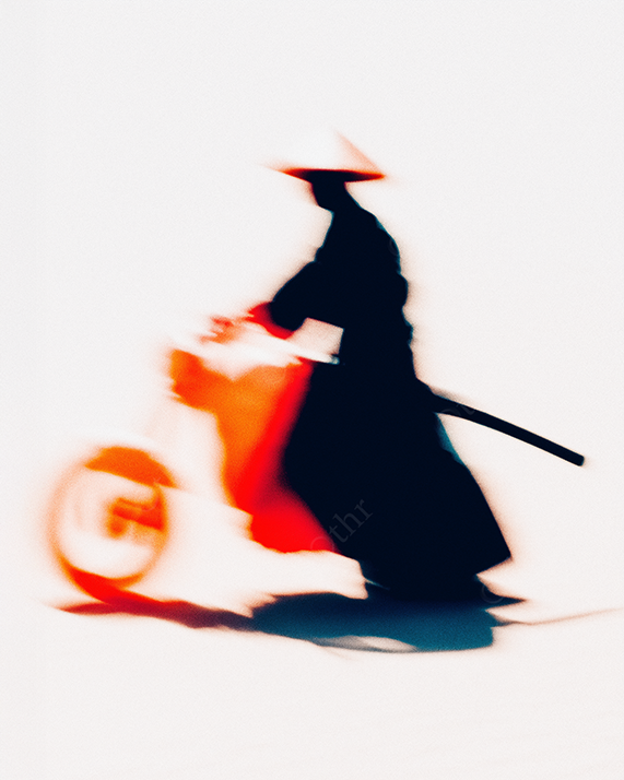 Samurai riding red motorcycle