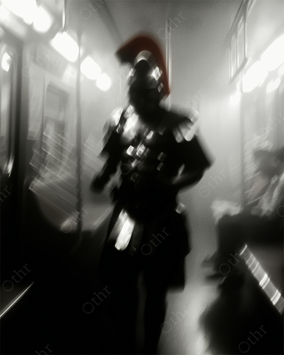Roman soldier running on a subway train.