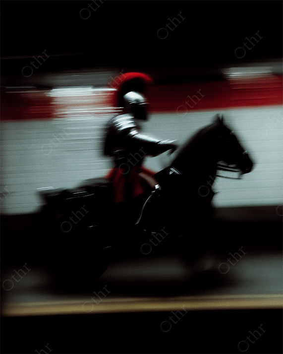 Roman soldier on horse galloping through subway.