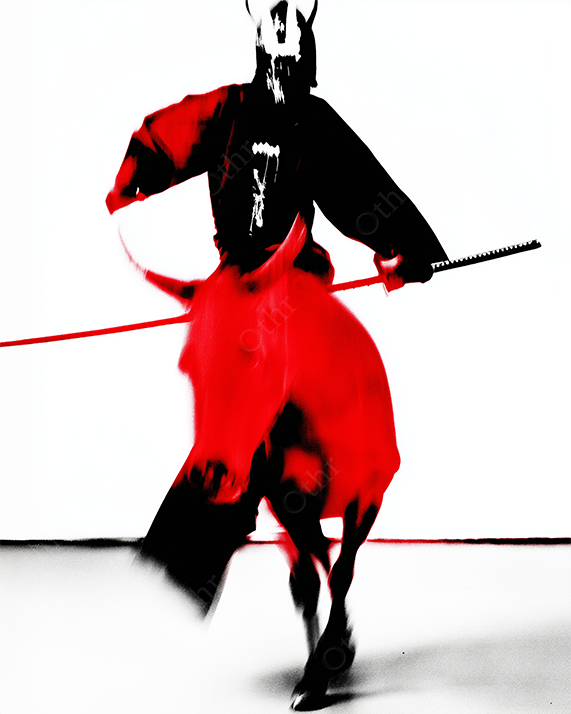 Monochrome warrior with horns holding a spear, riding a bull.