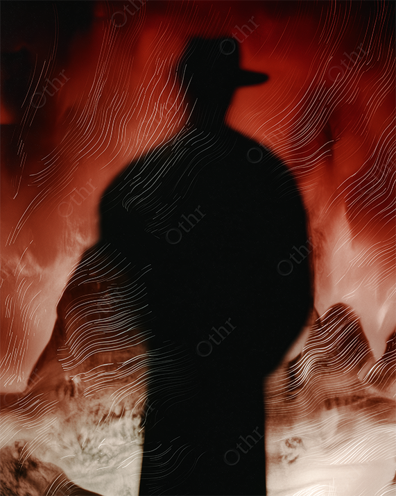 Cowboy shadow in surreal red desert landscape