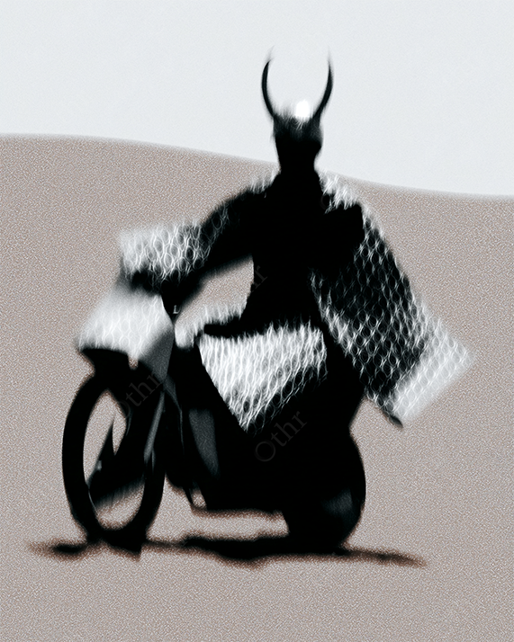 Samurai on motorcycle in desert landscape