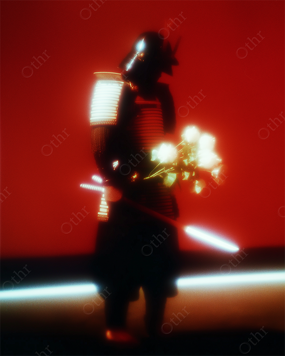 Samurai holding glowing flowers in red light