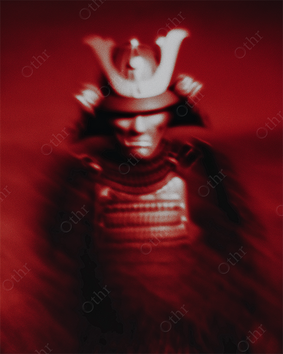 Fierce samurai with face mask in red monochrome