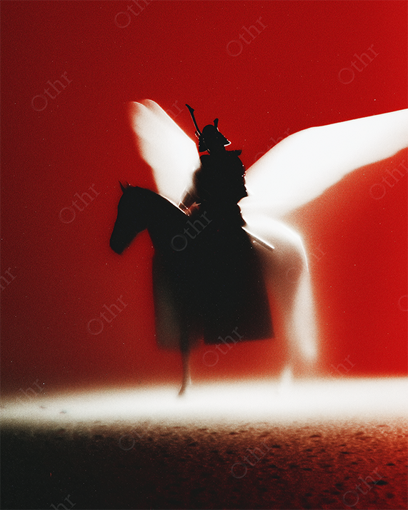 Silhouetted samurai on horseback in red with glowing white wings.