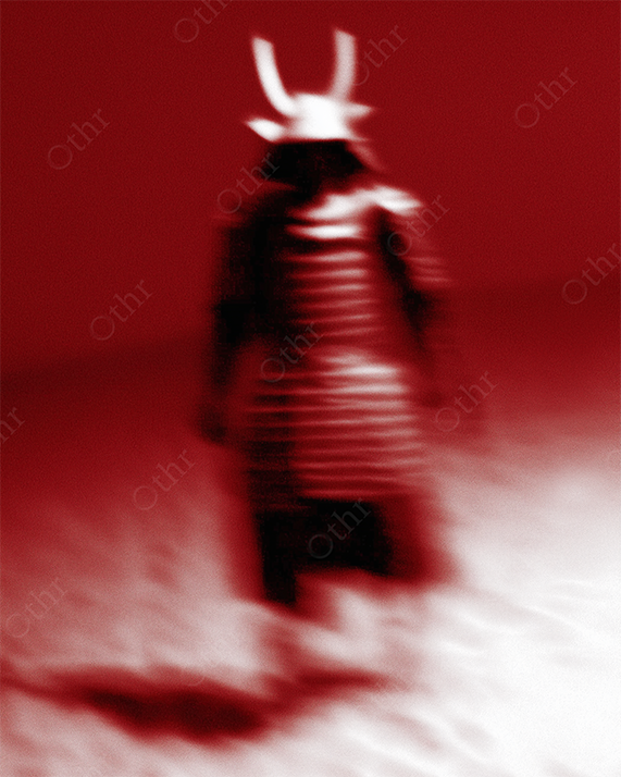Blurry samurai figure in red monochrome.
