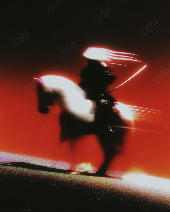 Samurai silhouette on white horse on red background