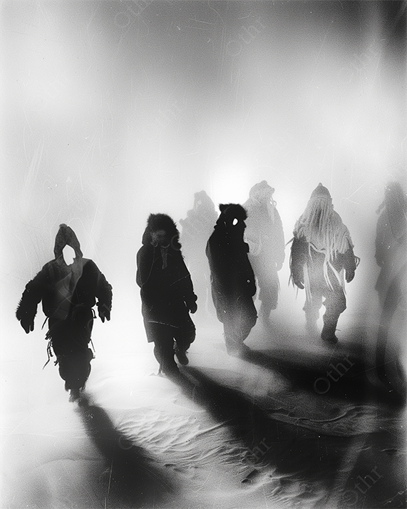 Mountain trek in heavy snow fog