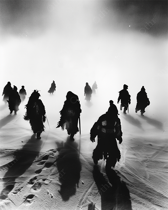 Silhouetted figures crossing frozen terrain