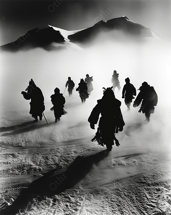 Mystical figures emerging from snow fog