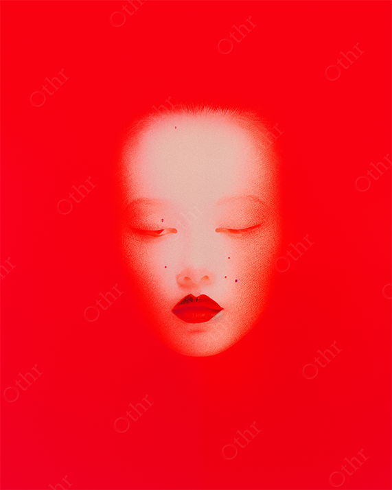 Floating female face in red void with closed eyes