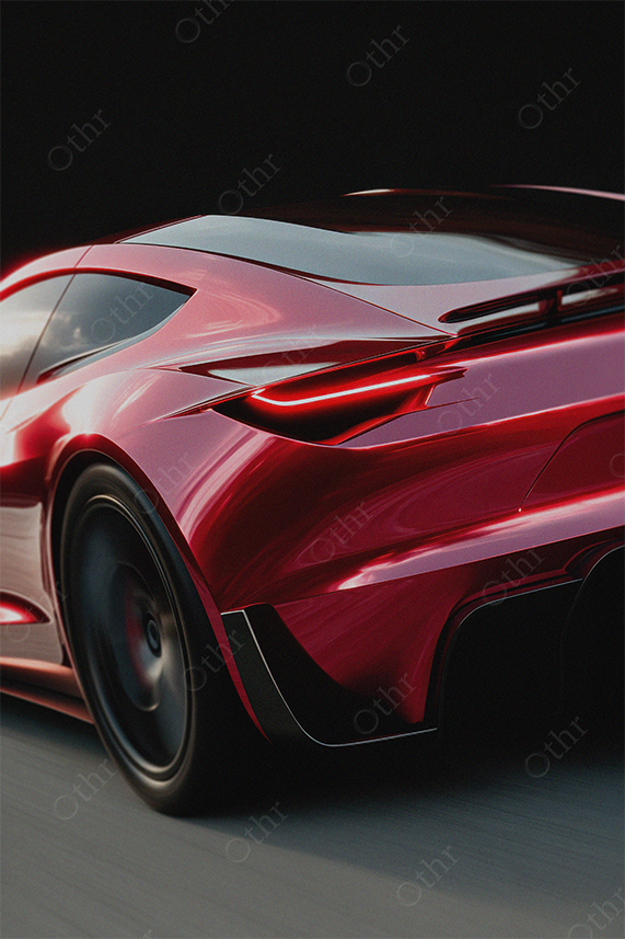 Rear view of red sports car in motion on dark road