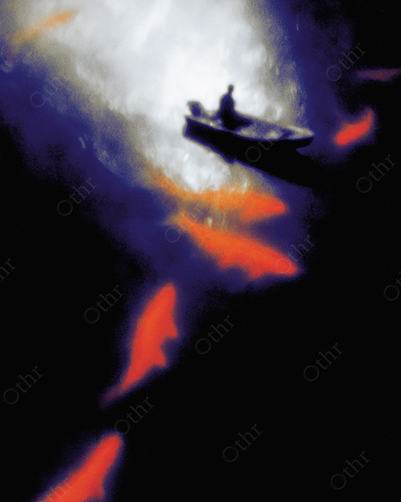 Dreamy Silhouette of a Person Sailing on a Boat with Large Orange Fish Surrounding Them