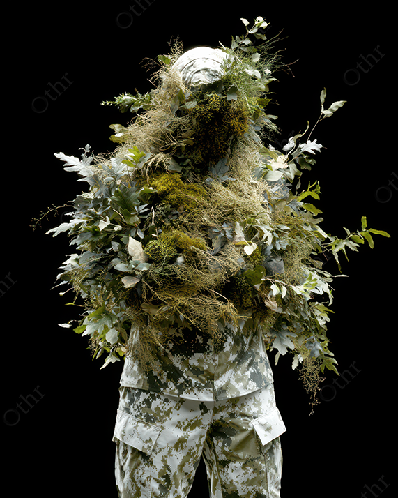 Camouflage figure in foliage