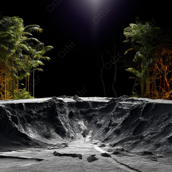 Surreal crater with palm trees at night