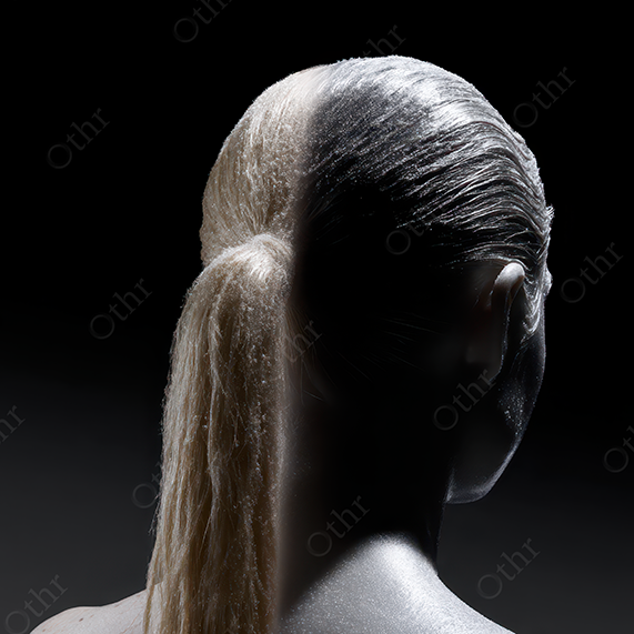 Dark, glossy slicked hair
