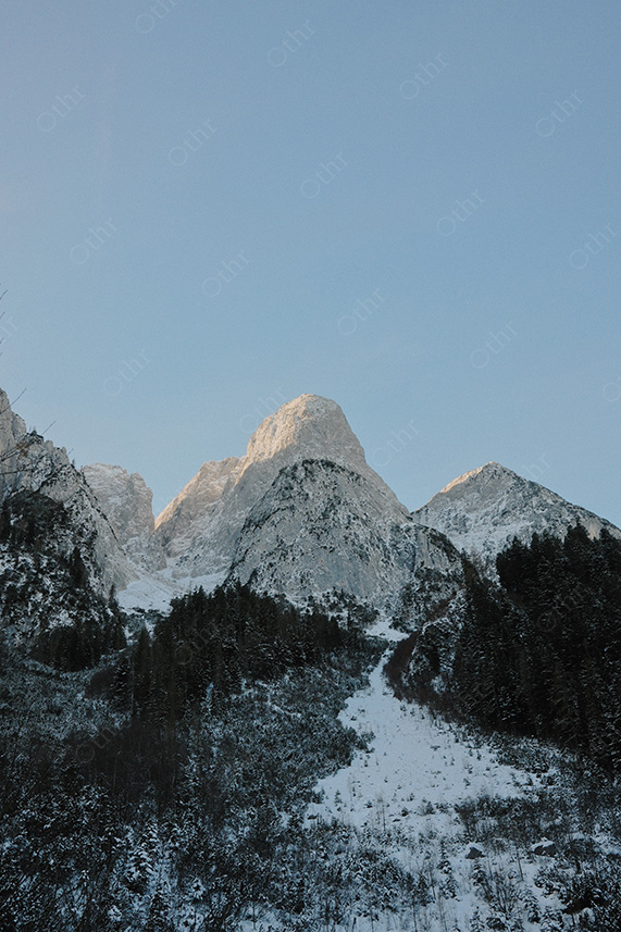 Snowy Mountain Face Rising Above Forested Slope Under Clear Sky