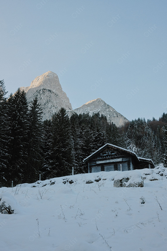 Alpine Cabin Set Against Snowy Forest and Mountain Peaks at Dusk