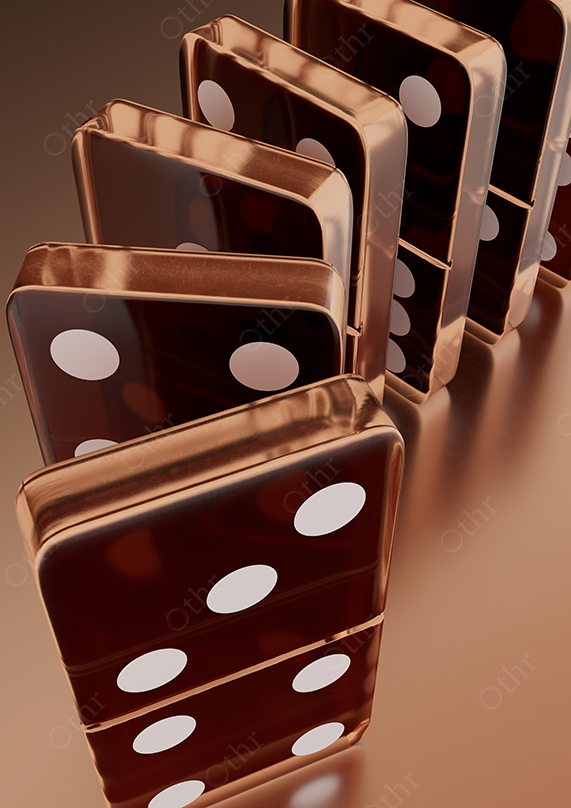 Glossy Bronze Domino Tiles Arranged in Falling Sequence on Metallic Surface