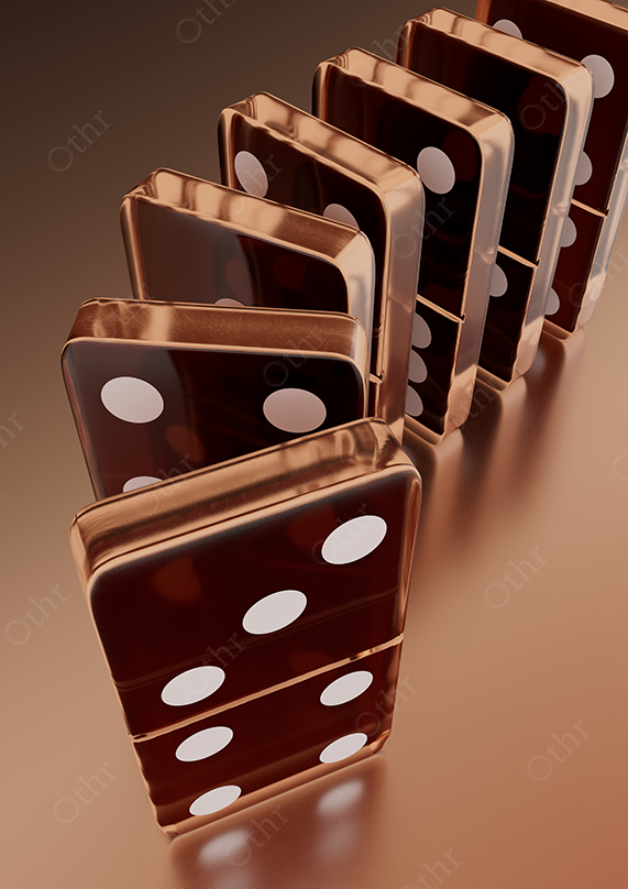 Glossy Bronze Domino Tiles in Falling Sequence on Warm Beige Surface