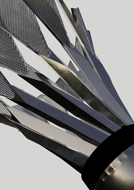 Close-Up of Shuttlecock With Angular Metallic Blades and Mesh Detail