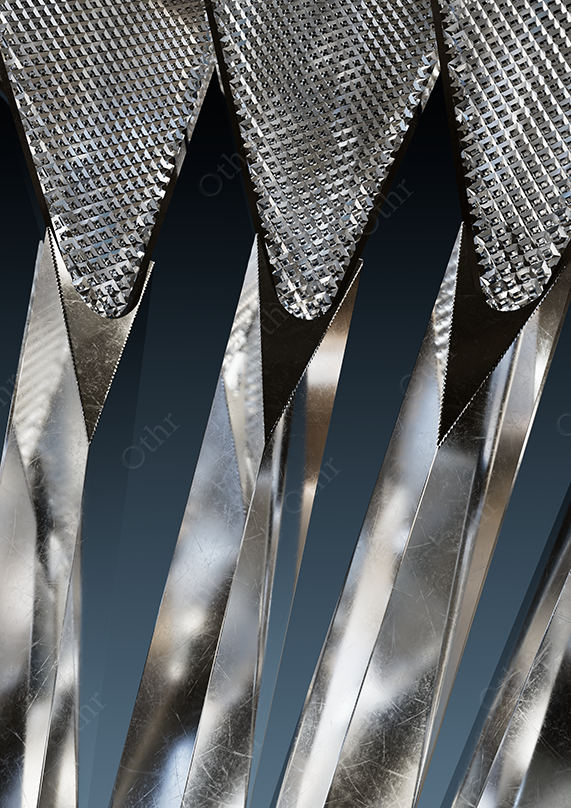 Close-Up of Metallic Shuttlecock Blades With Reflective Surfaces